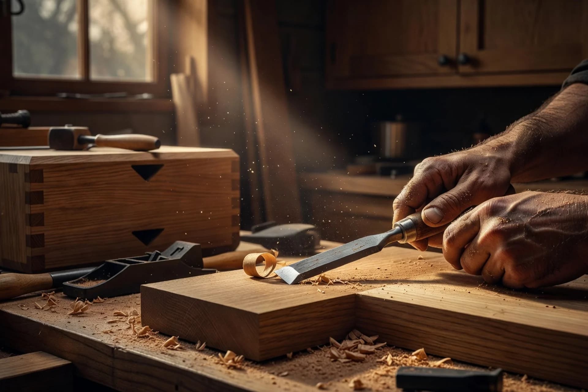 Handcrafted oak cabinetry being worked on in a warm workshop
