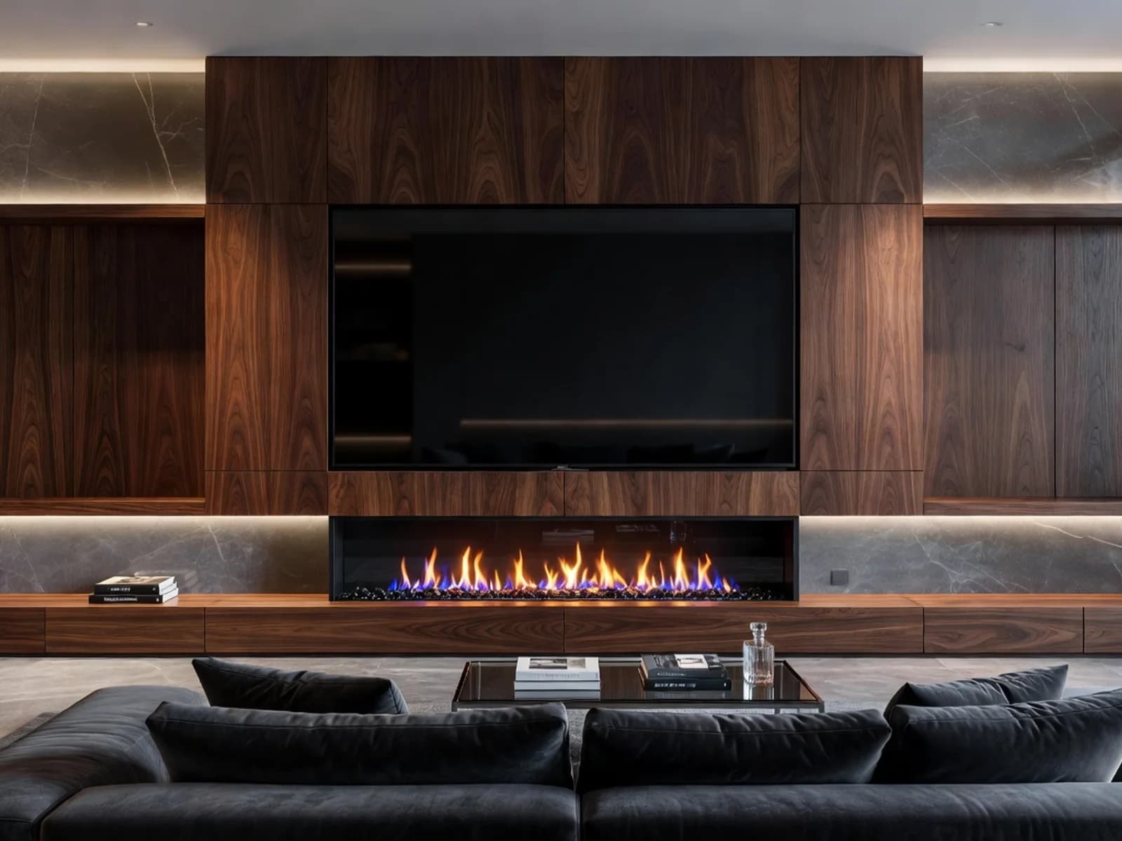 Walnut Media Wall with Concealed Electric Fire